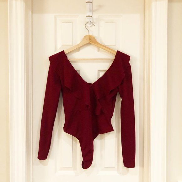 Boohoo Dark Red Ruffle Long Sleeved Bodysuit - Picture 2 of 7